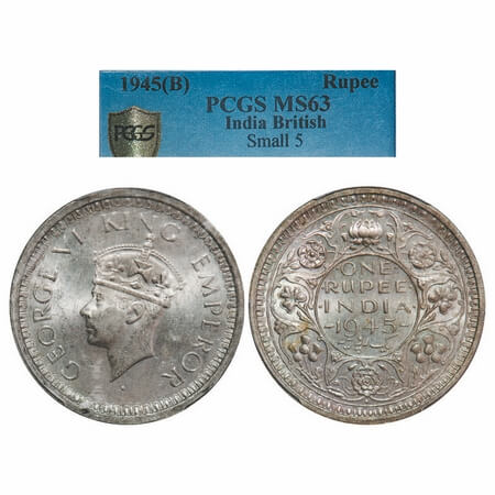 George VI, Half Silver, Rupee, 1945, Bombay Mint, D/II, Dot, security edge, Normal 5. F. P