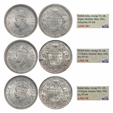 George VI, Half Silver, (3 slabs), 1945, 1) Rupee, Bombay Mint, D/II, Dot, Security edge,N