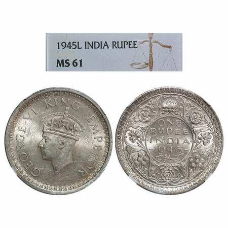 George VI, Half Silver, Rupee, 1945, Lahore Mint, D/II, 'L' raised, security edge, Normal 