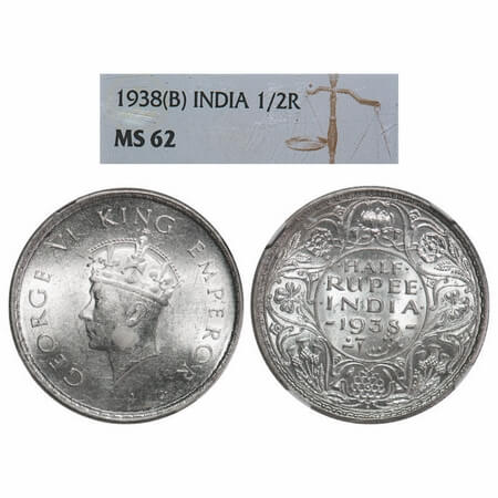 George VI, Silver, Half Rupee, 1938, Bombay Mint, A/I, Dot, Milled edge, Head Type I. F. P