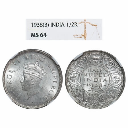 George VI, Silver, Half Rupee, 1938, Bombay Mint, A/I, Dot, Milled edge, Head Type I. F. P