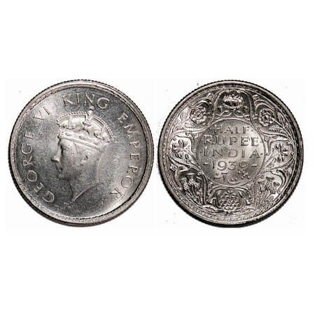 George VI, Silver, Half Rupee, 1939, Bombay Mint, A/I, Dot, Milled edge, Head Type I. F. P