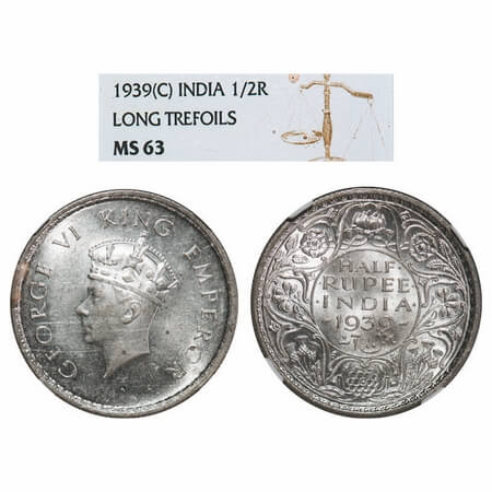 George VI, Silver, Half Rupee, 1939, Calcutta Mint, A/I, No dot, Milled edge, Head Type I.