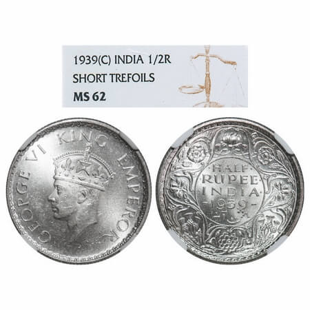 George VI, Silver, Half Rupee, 1939, Calcutta Mint, A(a)/I, No dot, Milled edge, Head Type