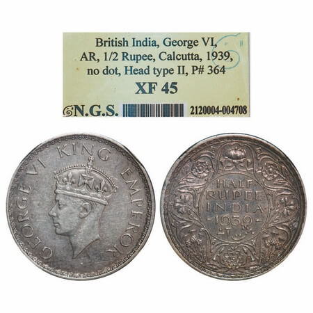 George VI, Silver, Half Rupee, 1939, Calcutta Mint, A(a)/I, No dot, Milled edge, Head Type