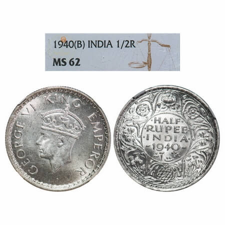 George VI, Half Silver, Half Rupee, 1940, Bombay Mint, A(a)/I, Dot, Milled edge, Head Type