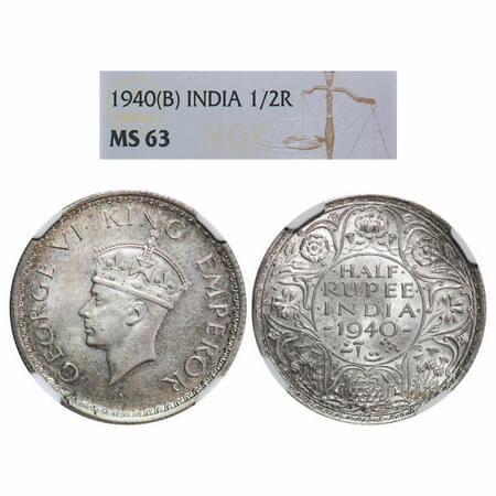 George VI, Half Silver, Half Rupee, 1940, Bombay Mint, A(a)/I, Dot, Milled edge, Head Type