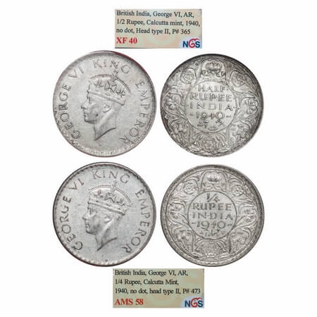 George VI, Half Silver, (2 slabs), 1940, 1) Half Rupee, Calcutta Mint, A(a)/I, No dot, Mil