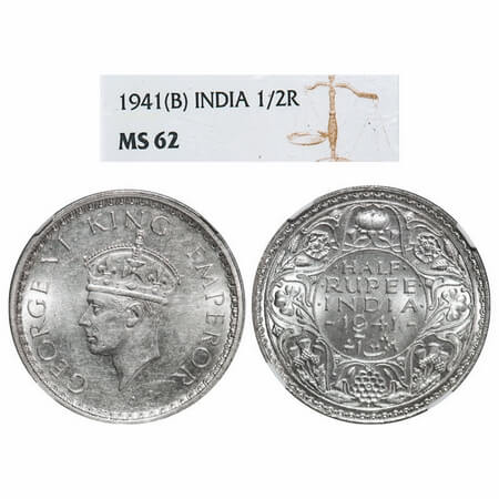 George VI, Half Silver, Half Rupee, 1941, Bombay Mint, A(a)/I(i), Dot, Security edge, Head
