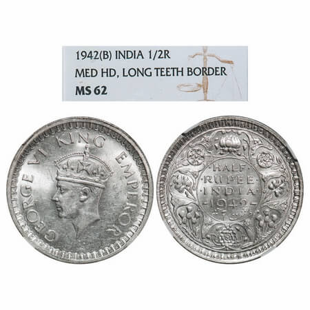 George VI, Half Silver, Half Rupee, 1942, Bombay Mint, B/II, Dot, Security edge, Head Type