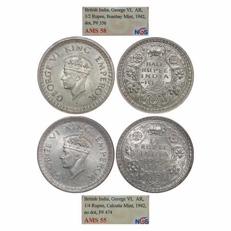 George VI, Half Silver, (2 slabs), 1942, 1) Half Rupee, Bombay Mint, B/II, Dot, Security e