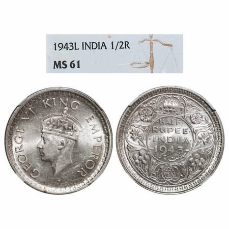 George VI, Half Silver, Half Rupee, 1943, Lahore Mint, B/II, 'L' raised, Security edge, He
