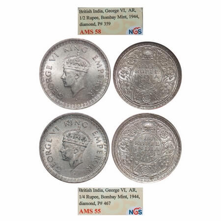 George VI, Half Silver, (2 slabs), 1944, 1) Half Rupee, Bombay Mint, B/III, Diamond, Secur