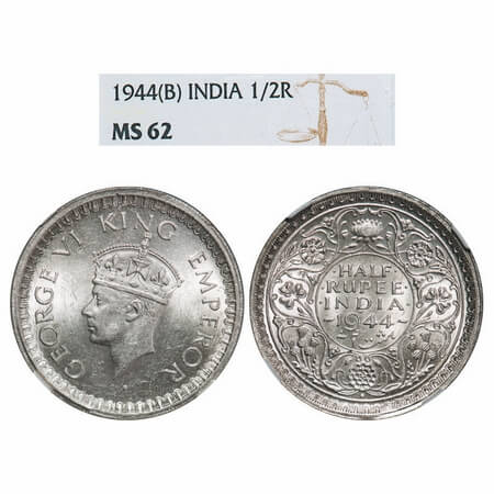 George VI, Half Silver, Half Rupee, 1944, Bombay Mint, B/III, Diamond mint mark, Security