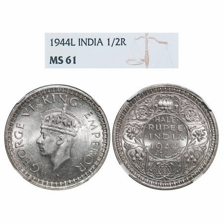 George VI, Half Silver, Half Rupee, 1944, Lahore Mint, B/II, 'L' raised, Security edge, He