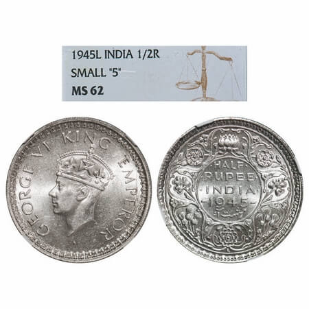 George VI, Half Silver, Half Rupee, 1945, Lahore Mint, B/II, 'L' raised, Security edge, He