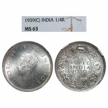 George VI, Silver, 1/4 Rupee, 1939, Calcutta Mint, No dot, Head Type I, Rev I, Milled edge