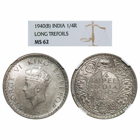 George VI, Half Silver, 1/4 Rupee, 1940, Bombay Mint, Dot, Head Type I, Rev I, Milled edge