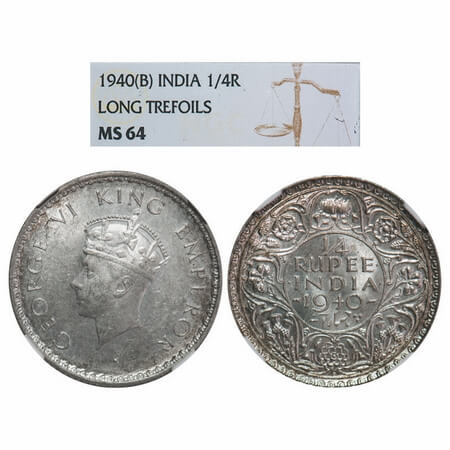 George VI, Half Silver, 1/4 Rupee, 1940, Bombay Mint, Head Type I, Rev I, Dot, Milled edge