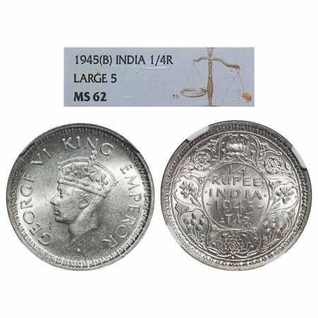 George VI, Half Silver, 1/4 Rupee, 1945, Bombay Mint, Dot, Head Type II, Rev II, Security 