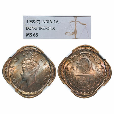 George VI, Copper-Nickel, 2 Annas, 1939, Bombay Mint, Head Type I, Dots by year, (The slab