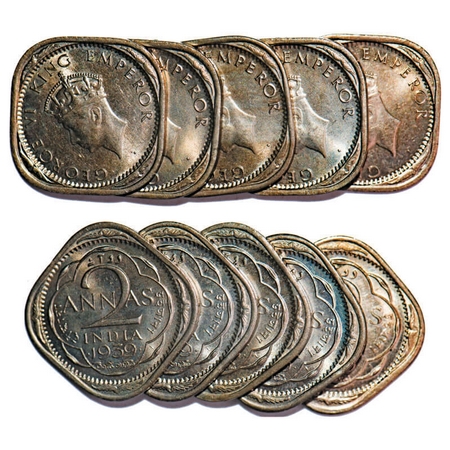 George VI, Copper-Nickel, 2 Annas, 1939, (lot of 5 coins), Bombay Mint, Head Type I, Dots 
