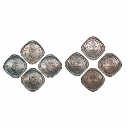 George VI, Copper-Nickel, 2 Annas, 1941, (lot of 4 coins), Bombay Mint, Head Type II, Dots