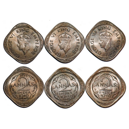 George VI, Copper-Nickel, 2 Annas, 1946, (3 coins), 1 & 2) Bombay Mint, Head Type II, Dots