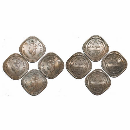 George VI, Copper-Nickel, 2 Annas, 1947, (lot of 4 coins), Bombay Mint, Head Type II, Dots
