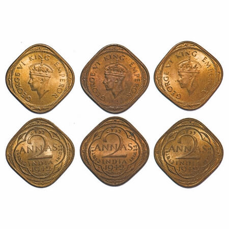 George VI, Brass-Nickel, 2 Annas, 1942, (3 coins), Bombay Mint, Head Type II, Dots by year