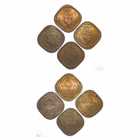 George VI, Nickel-Brass, 1943, 2 Annas, (lot of 4 coins), Bombay Mint, Head Type II, Dots
