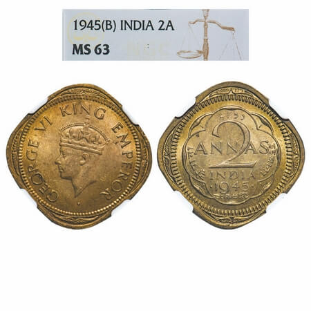 George VI, Brass-Nickel, 2 Annas, 1945, Bombay Mint, Head Type II, Dots by year, Tip of cr