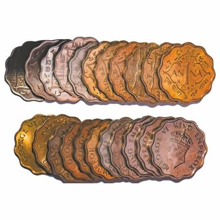 George VI, Mix Metal, 1 Anna, (lot of 11 coins), 1 to 3) 1939, Copper-Nickel, Bombay Mint,