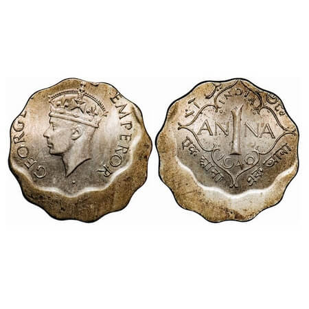 George VI, Copper-Nickel, 1 Anna, 1946, ERROR, 20% Misaligned die on Obv and Rev. GK 1399 