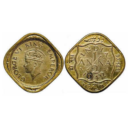 George VI, Brass-Nickel, 1/2 Anna, 1942, Bombay Mint, Dots by India, Dashes by year, Tiny 