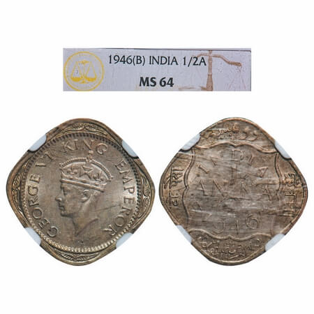 George VI, Copper-Nickel, 1/2 Anna, 1946, Bombay Mint, Dots by India, dash-dot-dash. F. Pr