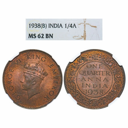 George VI, Bronze, Quarter Anna, 1938, Bombay Mint, Dot, Head Type I, No dots by One, larg