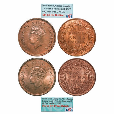 George VI, Bronze, Quarter Anna, (2 slabs), 1) 1939, Bombay Mint, Head Type I, Dot, 2) 194