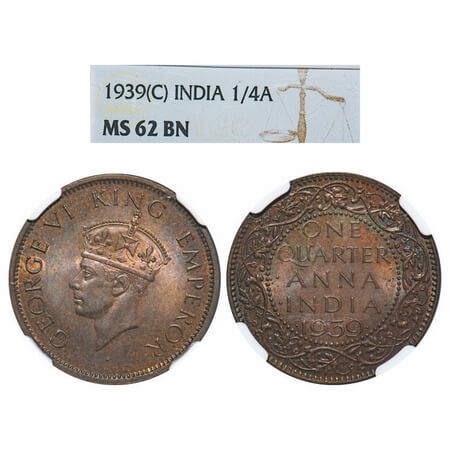 George VI, Bronze, Quarter Anna, 1939, Calcutta Mint, No dot, Head Type II. F. Prid Unlist