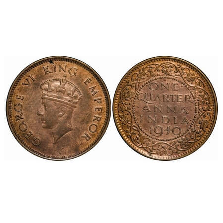 Georgr VI, Bronze, Quarter Anna, 1940, Bombay Mint, Head Type I, Dot. F. Prid. 691. GK 142