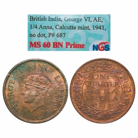 George VI, Bronze, Quarter Anna, 1941, Calcutta Mint, Head Type II, No dot. F. Prid. 687. 