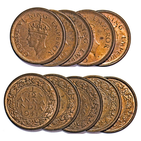 George VI, Bronze, 1/12 Anna, 1941, (lot of 5 coins), Bombay Mint, Head Type II, Dot. F. P