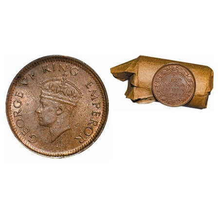 George VI, Bronze, 1/12 Anna, 1941, (Roll of 24 coins), Bombay Mint, Head Type II, Dot, Ro