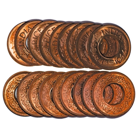George VI, Bronze, 1 Pice, 1944, (lot of 9 coins), 1 to 5) Bombay Mint, High Crown, Dot, 6
