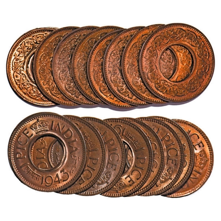 George VI, Bronze, 1 Pice, (lot of 9 coins), 1 to 7) 1943, Bombay Mint, High Crown, Dot, 8
