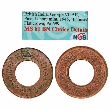 George VI, Bronze, 1 Pice, 1945, Lahore Mint, Flat crown, 'L' raised. F. Prid. 699. GK 144