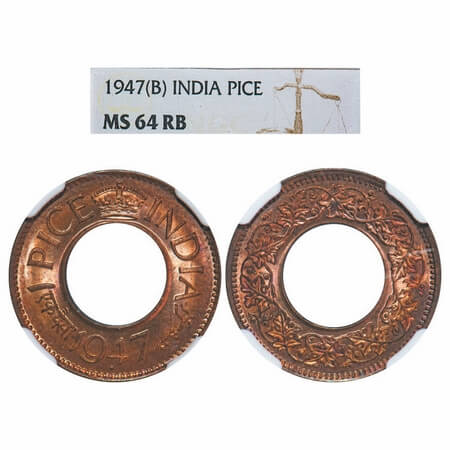George VI, Bronze, 1 Pice, 1947, Bombay Mint, High crown, Diamond. F. Prid. 704. GK 1447. 
