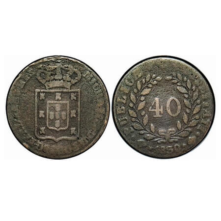 Portugal, Copper 40 Reis, 33.92g, Miquel (1828-1834 AD), Obv: Crown, Rev: denomination and