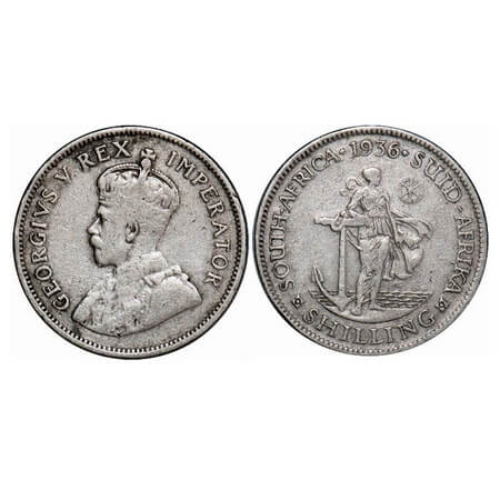 South Africa, Silver (0.800 % silver), 5.53g, Shilling, George V, 1936, Obv: crowned bust 