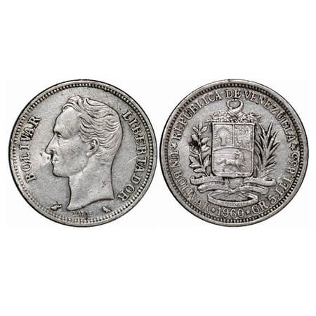 Venezuela, Silver (0.8350 % silver), 4.99g, Bolivar, 1860 AD, Obv: national arms above rib